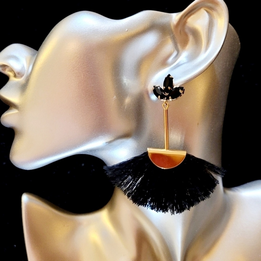 SAMBA BLACK ART DECO SILK TASSEL FAN EARRINGS